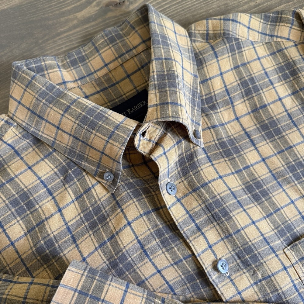 Scott Barber‎ Men's Large Yellow Blue Plaid Linen Long Sleeve Button Down Shirt